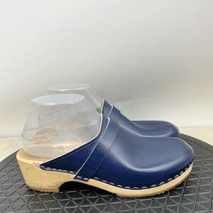 VERKA Ledig Clogs Women 39 Size 8 8.5 Shoes Blue Leather Wooden Heel Slip On
